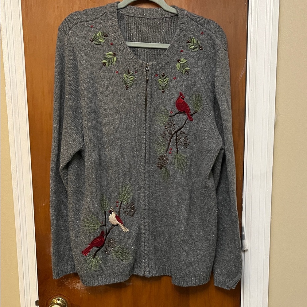 Women’s Embroidered Gray Sweater Cardinal Design and beading Pit to pit 22-23
